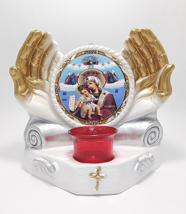 candela ceramica cu pahar si icoana Maicii Domnului Karyotissa