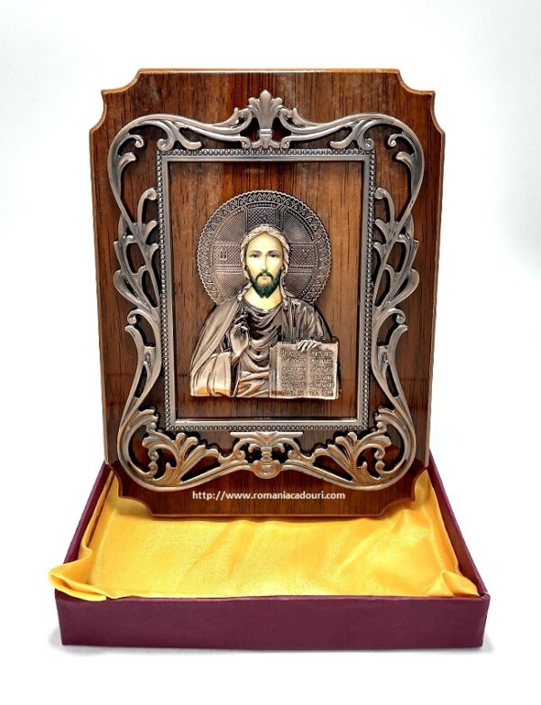Icoana Iisus Binecuvantand pe lemn din bronz
