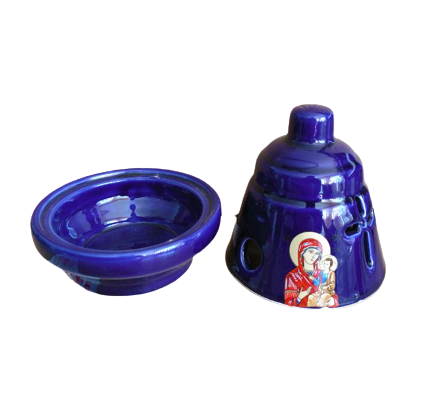 Candela ceramica albastra cu Icoana Maicii