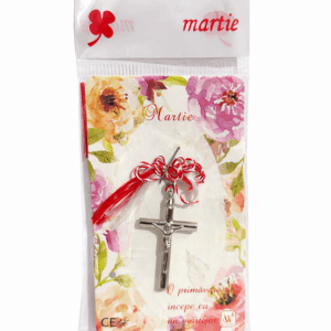 Mărțișor Cruce Metal Argintiu cu Iisus Hristos Răstignit 35mm