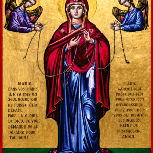 Icoana Maica Domnului care desface nodurile realizata pe PAL de 2 cm, dimensiuni 20x24 cm